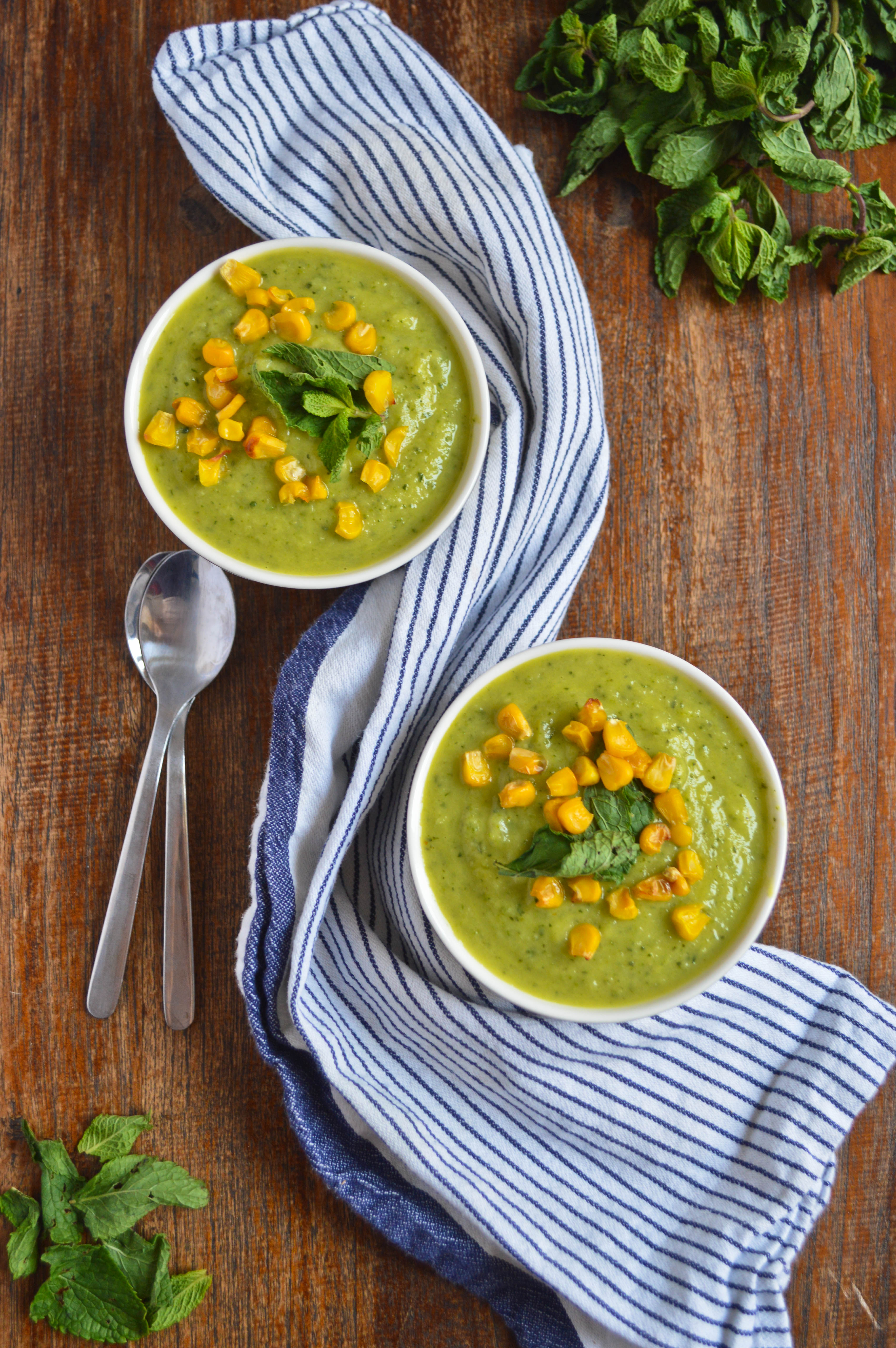 Mexican Courgette Soup With Roasted Corn And Mint