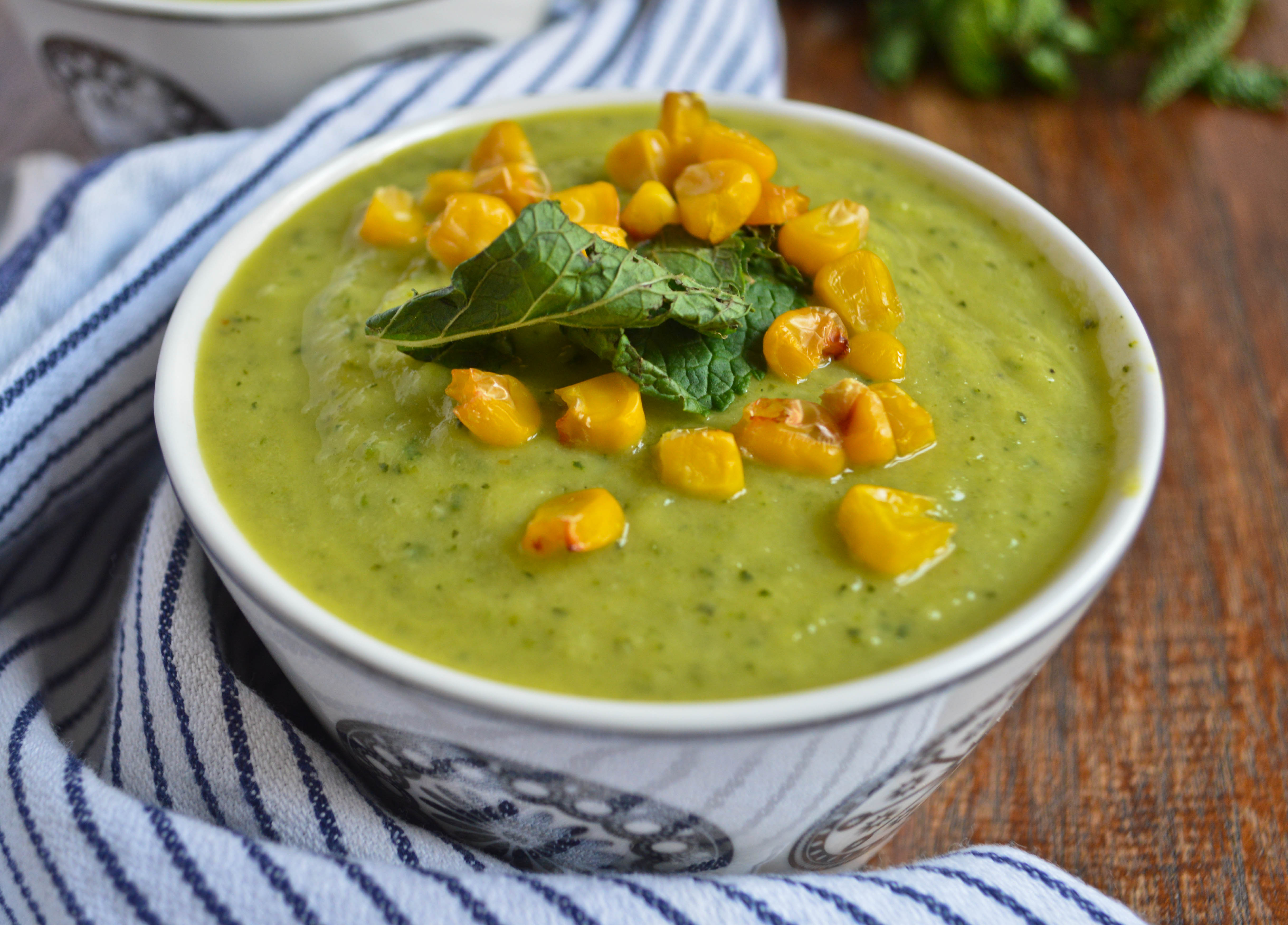 Mexican Courgette Soup With Roasted Corn And Mint