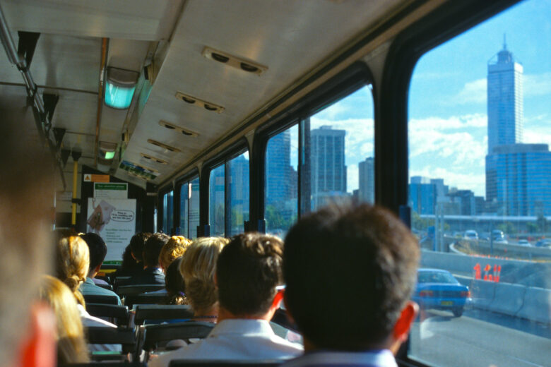 People sat on a bus during a morning commute