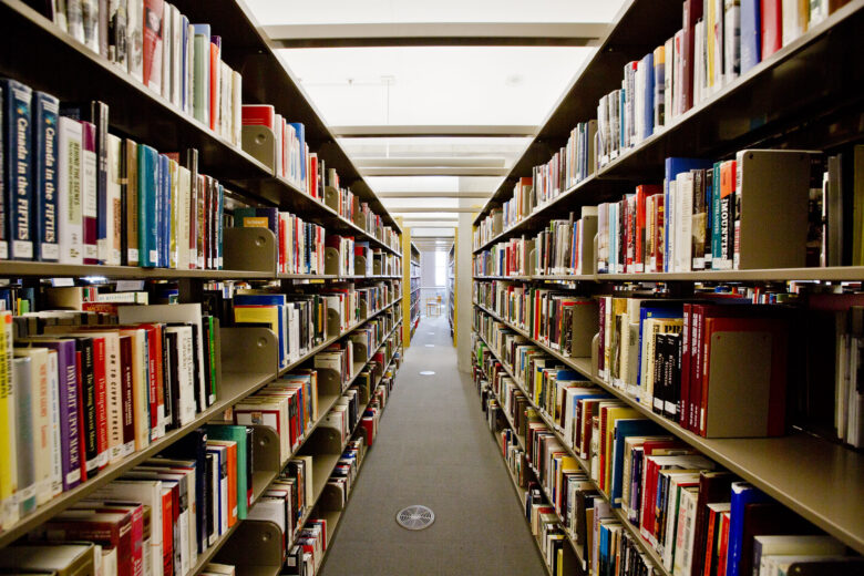 Rows of books in a library