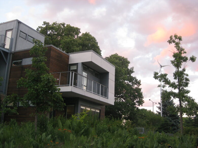 Self-contained eco house with wind turbine