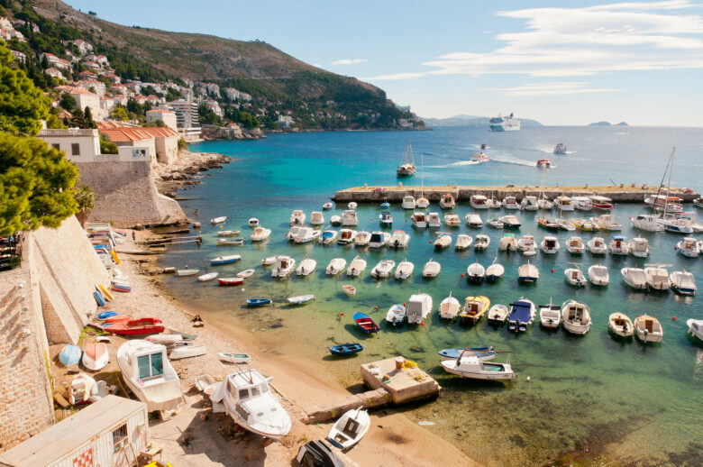 Turquoise waters in a cove filled with boats, Dubrovnik