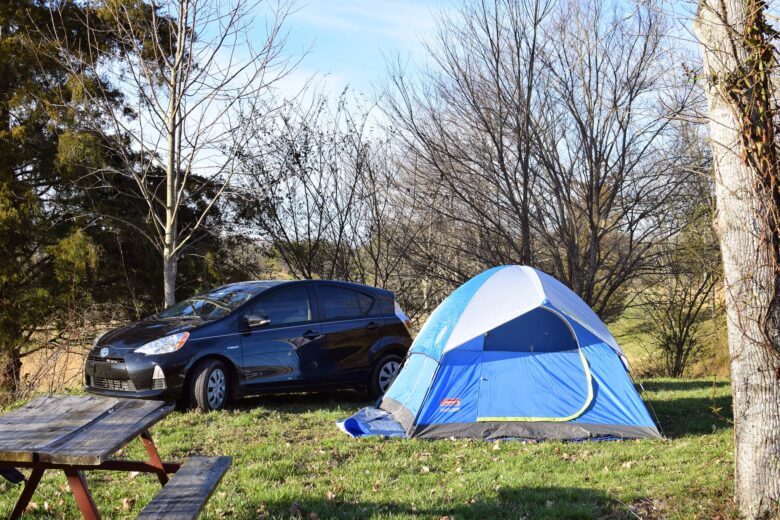 Car parked next to a tent in a forested area