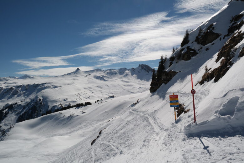 An off-piste area of a snowy mountain