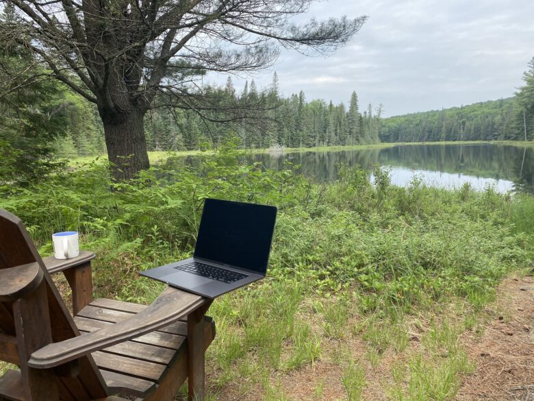 A laptop sat on the arm of a wooden chair in the middle of a woodland area