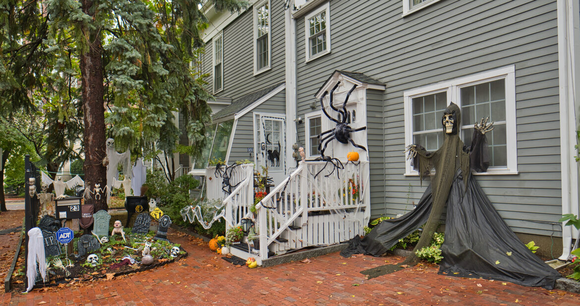 Spooky decorations outside of a house