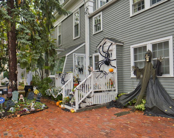 Spooky decorations outside of a house