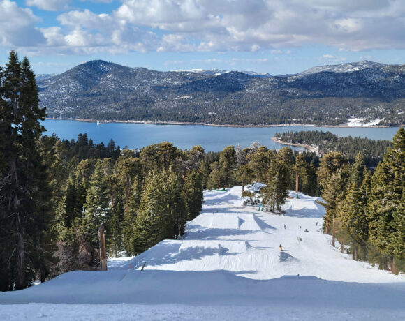 A fresh ski slope between wooded trees heading down towards a lake