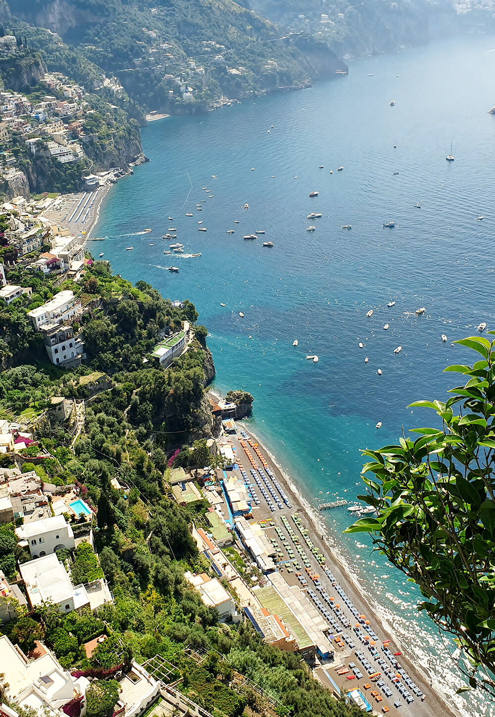 Aerial view over the coastline of Positano, Italy