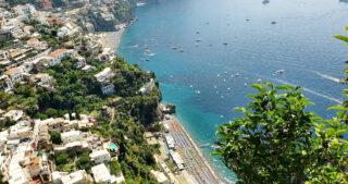 Aerial view over the coastline of Positano, Italy