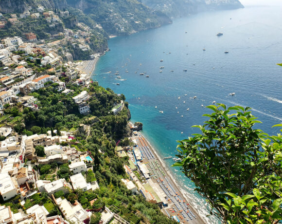 Aerial view over the coastline of Positano, Italy